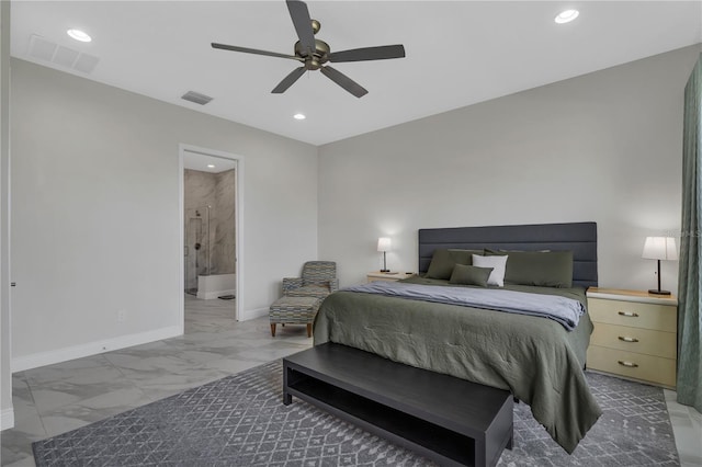 bedroom with ensuite bathroom and ceiling fan