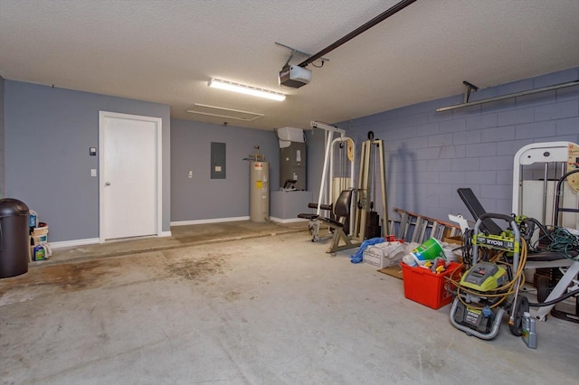 garage featuring electric panel, a garage door opener, heating unit, and water heater