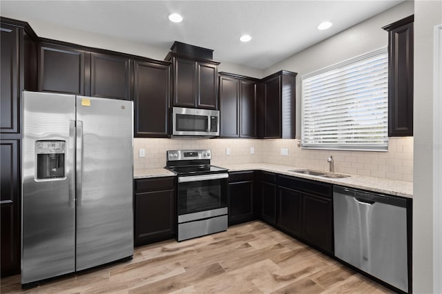 kitchen featuring appliances with stainless steel finishes, backsplash, light stone counters, sink, and light hardwood / wood-style floors