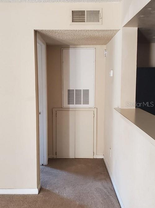 hall featuring carpet flooring and a textured ceiling