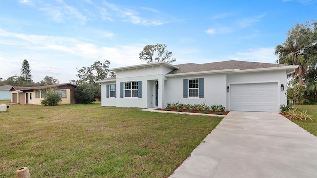 single story home with a front lawn and a garage