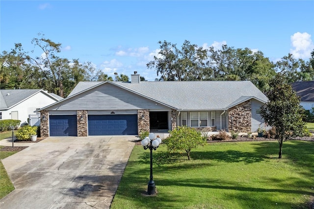 single story home with a front yard and a garage