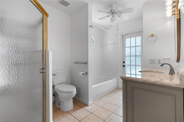 full bathroom featuring ceiling fan, tile patterned flooring, vanity, and shower with separate bathtub