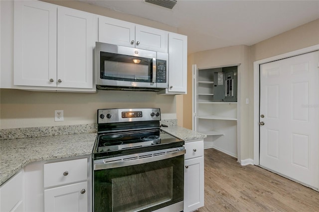 kitchen featuring appliances with stainless steel finishes, white cabinetry, light stone counters, and electric panel