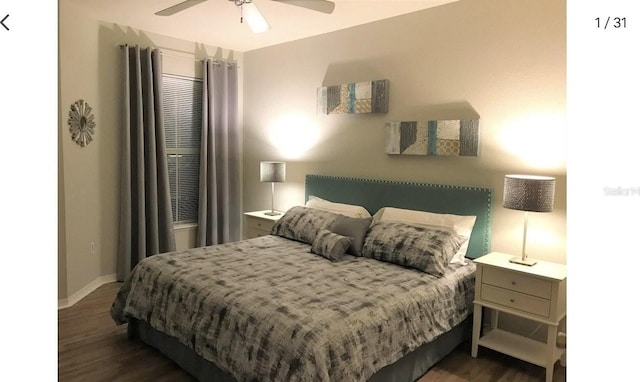 bedroom with ceiling fan and dark wood-type flooring