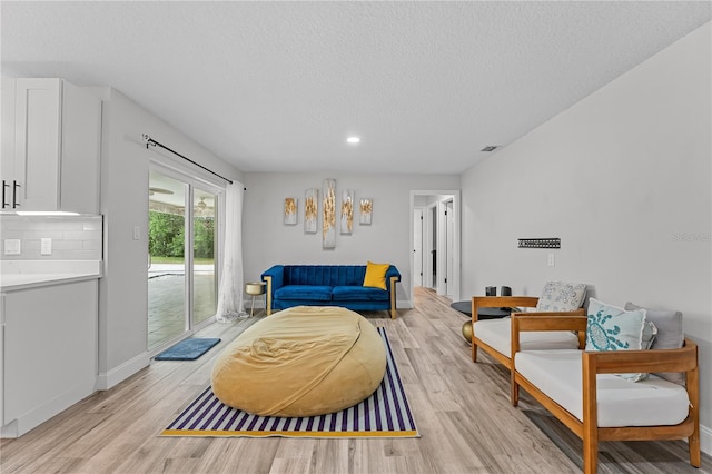 living room featuring a textured ceiling and light wood-type flooring