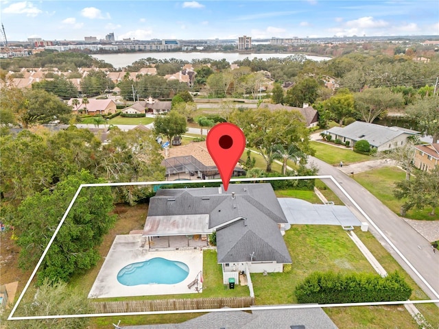 birds eye view of property featuring a water view