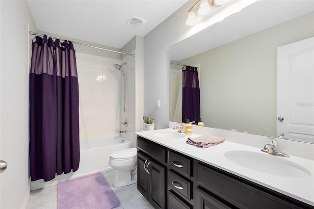 full bathroom with tile patterned flooring, shower / bath combo, toilet, and vanity