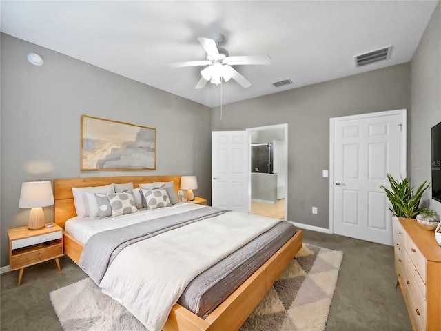 bedroom featuring dark colored carpet and ceiling fan