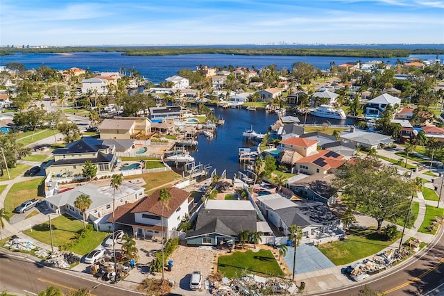 bird's eye view with a water view