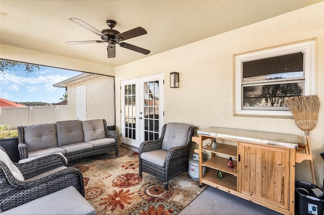 exterior space with ceiling fan and french doors