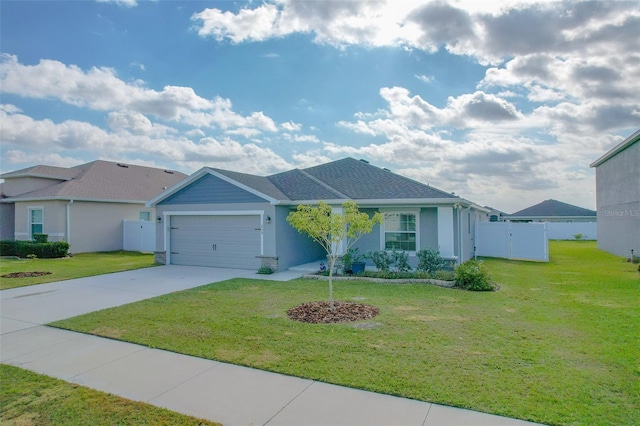 ranch-style home featuring a front lawn and a garage