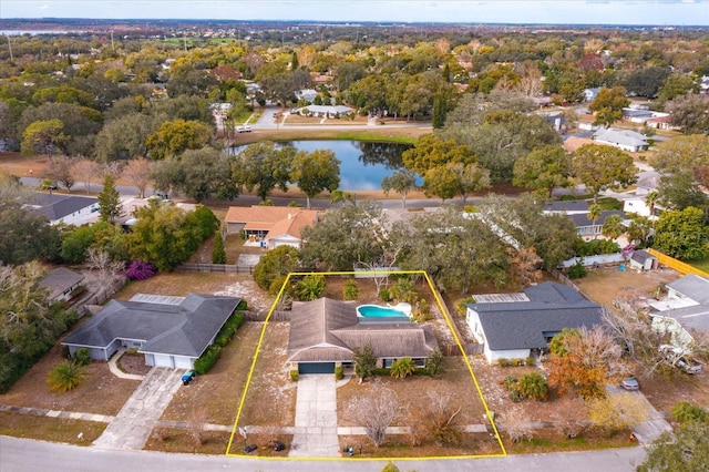 drone / aerial view with a water view