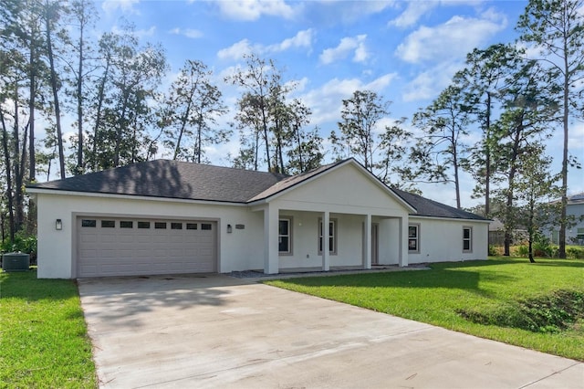 ranch-style home with central AC, a front lawn, a porch, and a garage