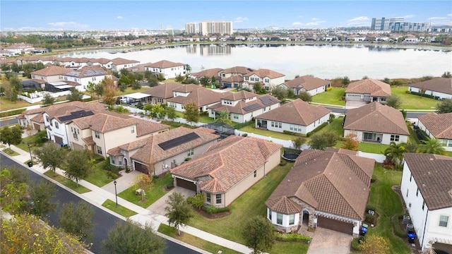 drone / aerial view featuring a water view