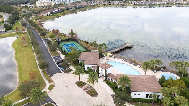 aerial view featuring a water view