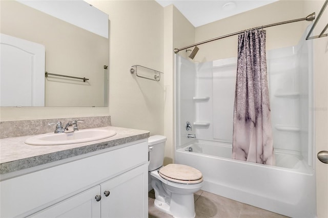 full bath with tile patterned flooring, toilet, vanity, and shower / bath combo