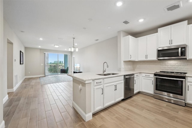 kitchen with kitchen peninsula, stainless steel appliances, white cabinetry, and sink