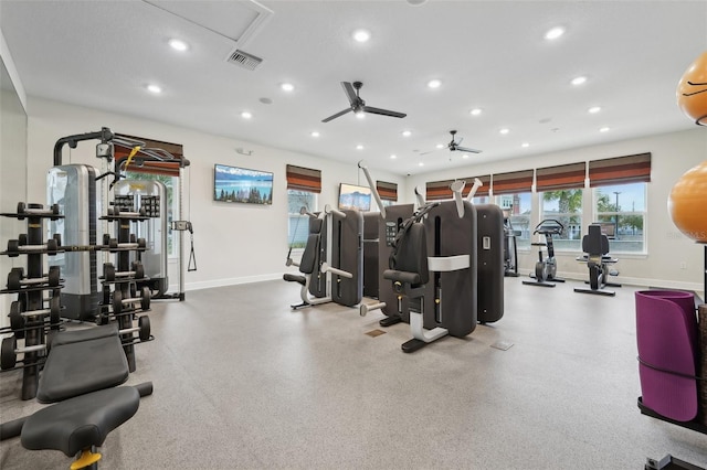 gym featuring ceiling fan