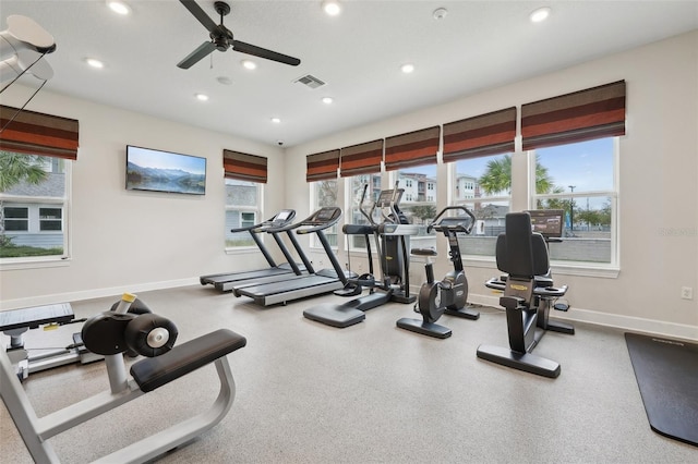 exercise room featuring ceiling fan