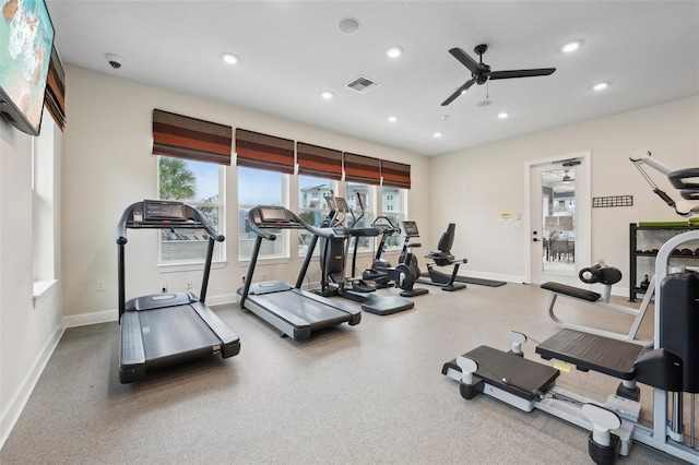 workout area featuring ceiling fan