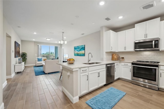 kitchen featuring white cabinetry, sink, kitchen peninsula, and stainless steel appliances