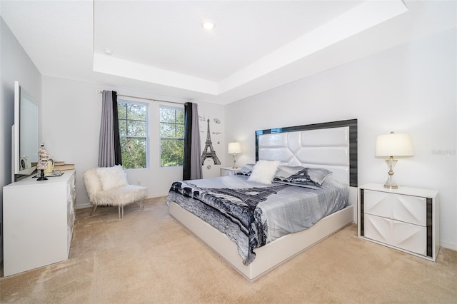 carpeted bedroom featuring a tray ceiling