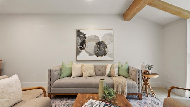 living room with vaulted ceiling with beams