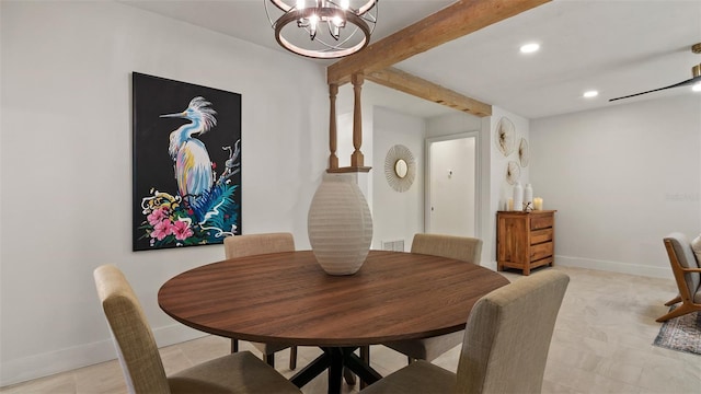 dining space featuring a notable chandelier and beam ceiling