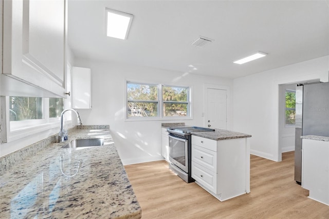 kitchen featuring visible vents, appliances with stainless steel finishes, white cabinetry, a sink, and light stone counters