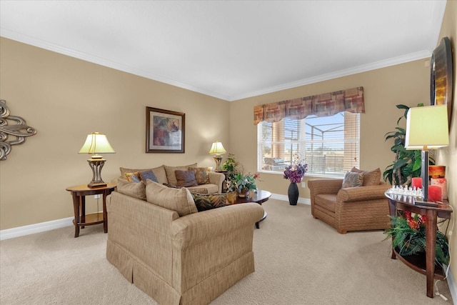 carpeted living room with crown molding