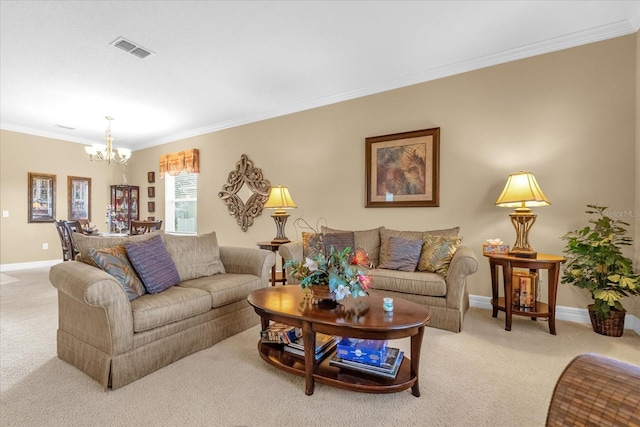 living room with a chandelier, light colored carpet, and crown molding