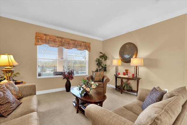 carpeted living room featuring ornamental molding