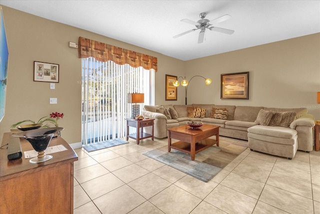 tiled living room featuring ceiling fan