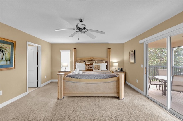 carpeted bedroom featuring ceiling fan and access to outside