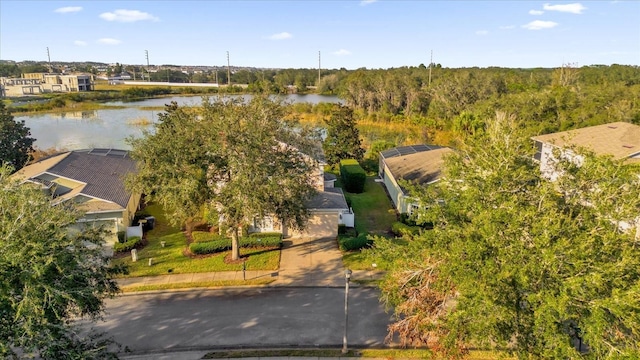 drone / aerial view featuring a water view