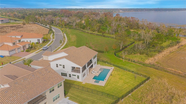 aerial view featuring a water view