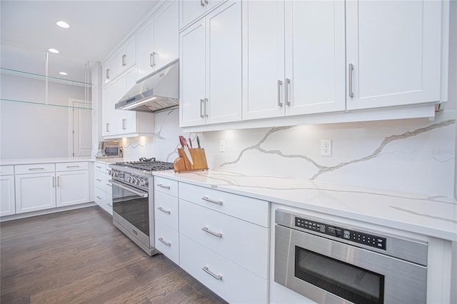 kitchen with under cabinet range hood, appliances with stainless steel finishes, white cabinets, and dark wood finished floors