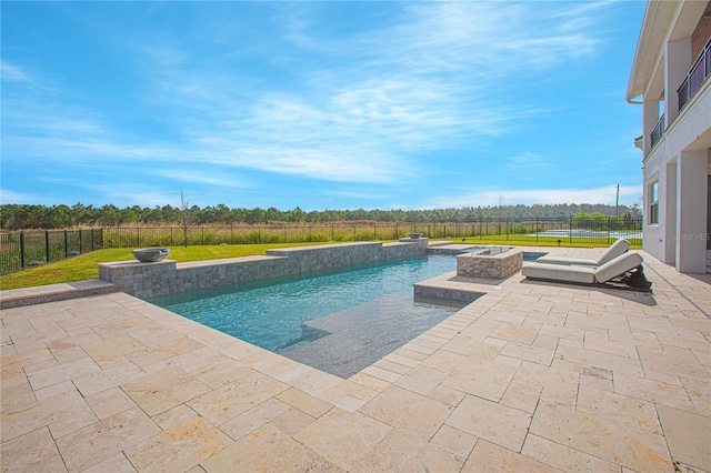 view of pool featuring a lawn, a jacuzzi, a fenced backyard, a fenced in pool, and a patio area