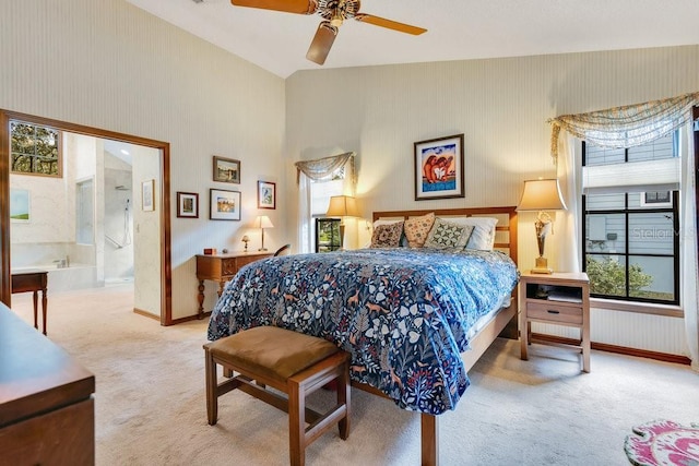 bedroom featuring ceiling fan, carpet floors, and connected bathroom