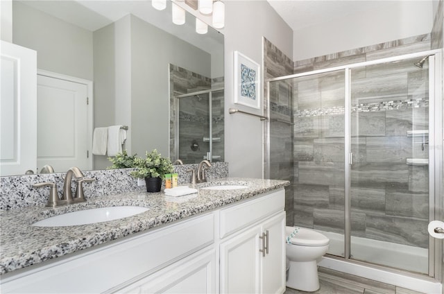 bathroom featuring a shower with door, vanity, and toilet