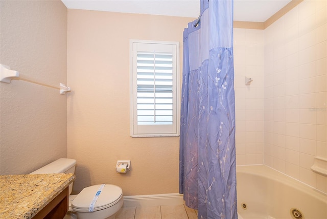 full bathroom with toilet, shower / tub combo, vanity, and tile patterned floors