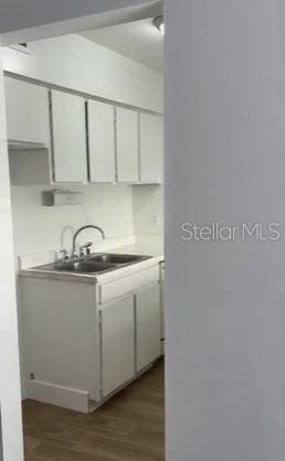 kitchen with white cabinetry, dark wood-type flooring, and sink