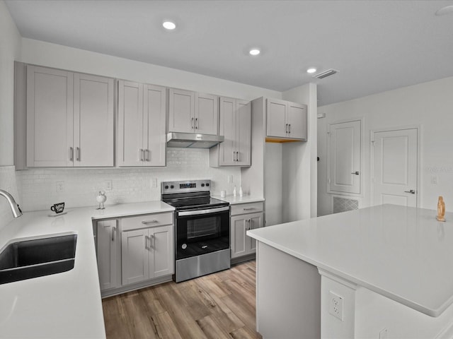 kitchen featuring gray cabinetry, sink, and stainless steel electric range