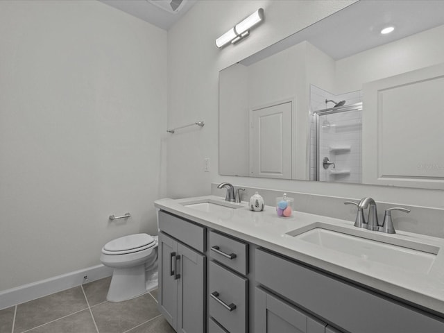 bathroom with tile patterned flooring, vanity, toilet, and walk in shower