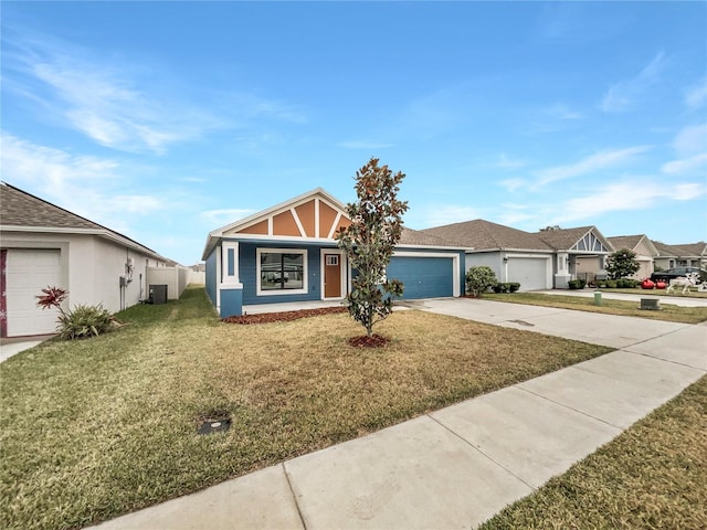 single story home featuring central AC, a front yard, and a garage