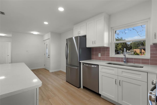 kitchen featuring decorative backsplash, appliances with stainless steel finishes, sink, white cabinets, and light hardwood / wood-style floors