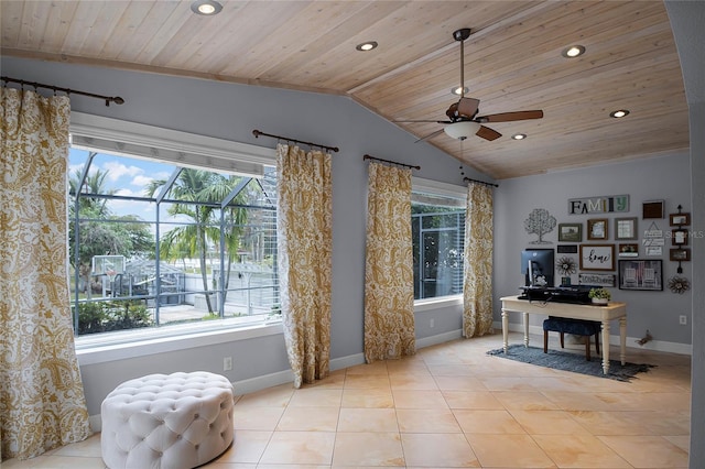 living area with lofted ceiling, ceiling fan, light tile patterned floors, and wood ceiling