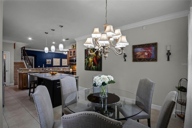 dining area featuring ornamental molding, light tile patterned floors, an inviting chandelier, and stairs