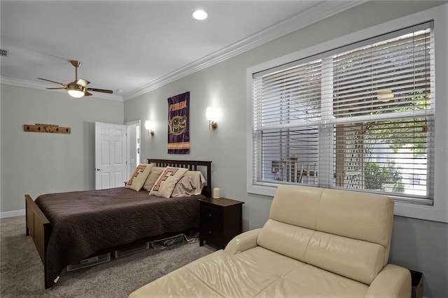 bedroom with visible vents, ornamental molding, carpet flooring, ceiling fan, and baseboards